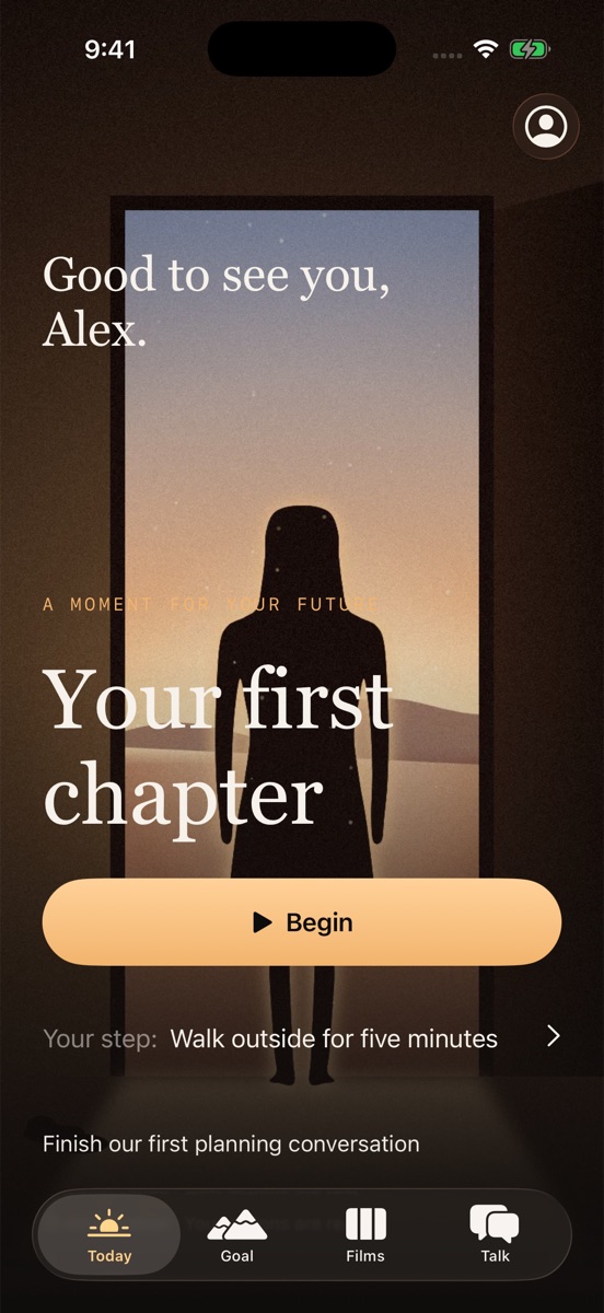 The Daily Rewire Today screen: “Good to see you, Alex. Your first chapter,” with a Begin button and today’s step, walk outside for five minutes.