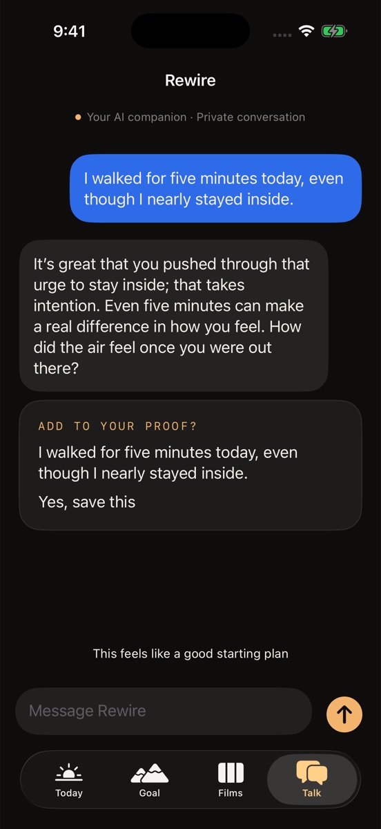 A conversation with Rewire. The user writes that they walked for five minutes even though they nearly stayed inside, and Rewire offers to add it to their proof.